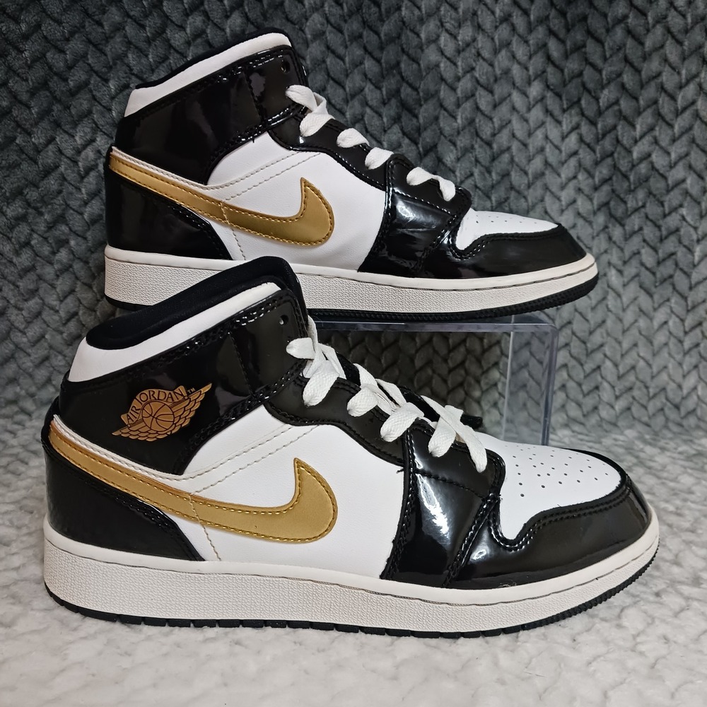 Air Jordan 1 Mid Patent Black White Gold GS Athletic Sneakers Shoes Size 5.5Y